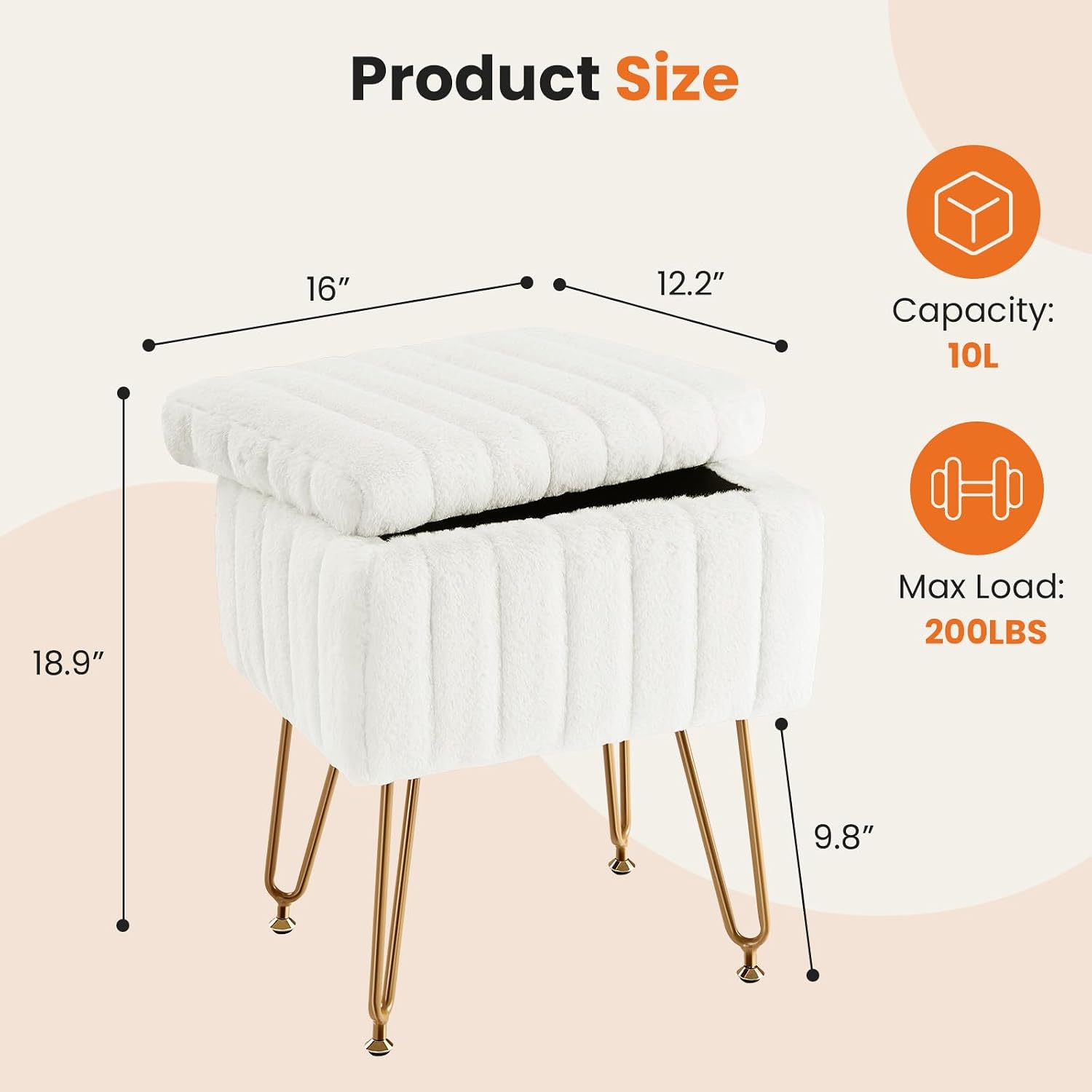 OLIXIS Vanity Stool Chair Faux Fur with Storage, Soft Ottoman 4 Metal Legs with Anti-Slip Feet, Makeup Cute Soft Small Footstool, Modern Style Faux Fur Seat for Makeup, Bedroom Dresser, Ivory