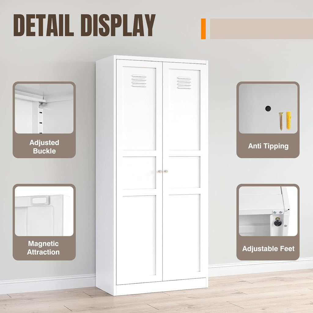 Yizosh Metal Storage Cabinet - 71" White Kitchen Pantry with 2 Doors and 5 Adjustable Shelves, 5-Tier Tall Steel Locker for Living Room, Dining Room