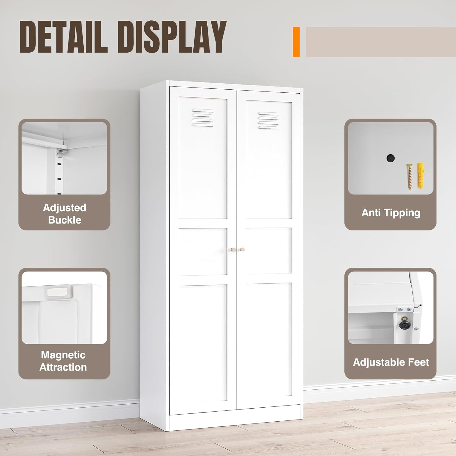 Yizosh Metal Storage Cabinet - 71" White Kitchen Pantry with 2 Doors and 5 Adjustable Shelves, 5-Tier Tall Steel Locker for Living Room, Dining Room