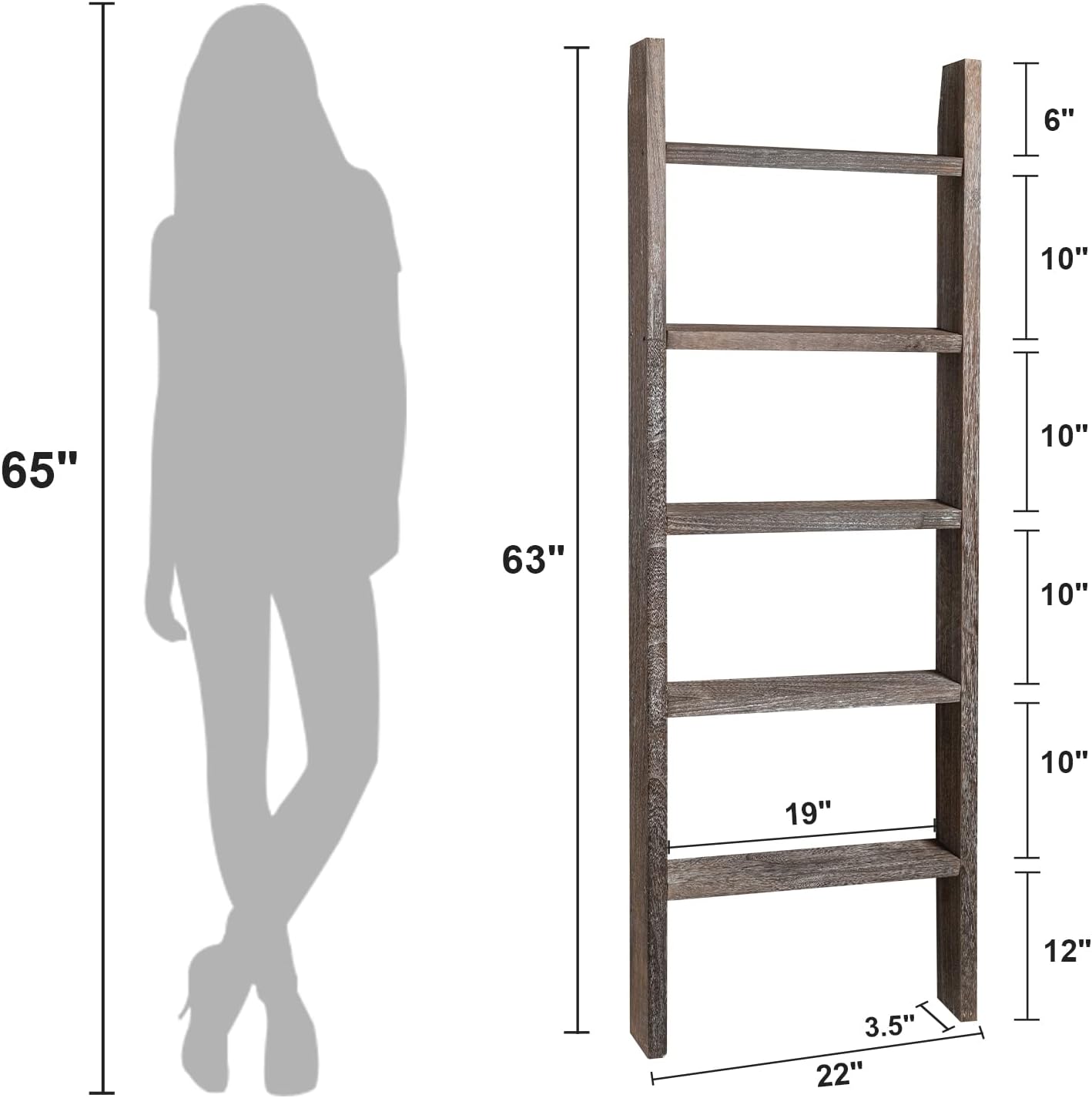 Natsukage Rustic Wooden Blanket Ladder - Farmhouse Decorative Ladder Shelf for Living Room, Bathroom, Bedroom (63" x 22", Rustic Walnut)