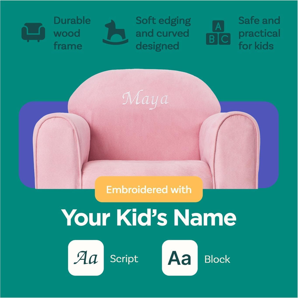 Keet Personalized Toddler Chair, Customize with Name, Soft Microsuede Upholstery, Embroidered Kids Armchair, Sturdy Wooden Frame, Easy to Clean, Ages 2–5, Gift-Ready Toddler Chair for Playrooms.