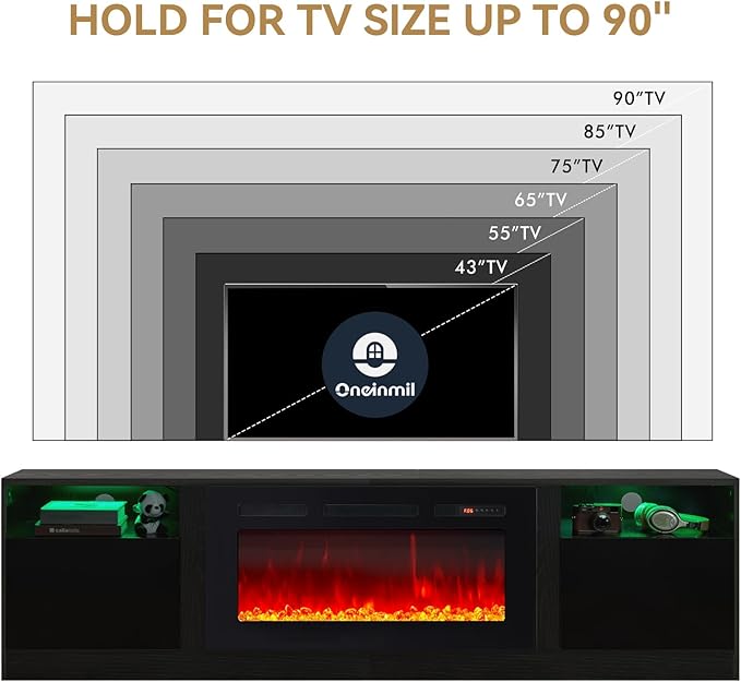 oneinmil 80” TV Stand with 36” Electric Fireplace, Large Modern Media Entertainment Center with Storage Cabinet and 12 Colors LED Lights for TVs Up to 90", Black+Black