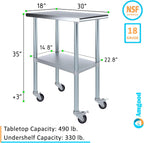 AmGood 30" x 18" Stainless Steel Work Table with Casters | Heavy Duty Metal Utility Table On Wheels | Kitchen Island Cart