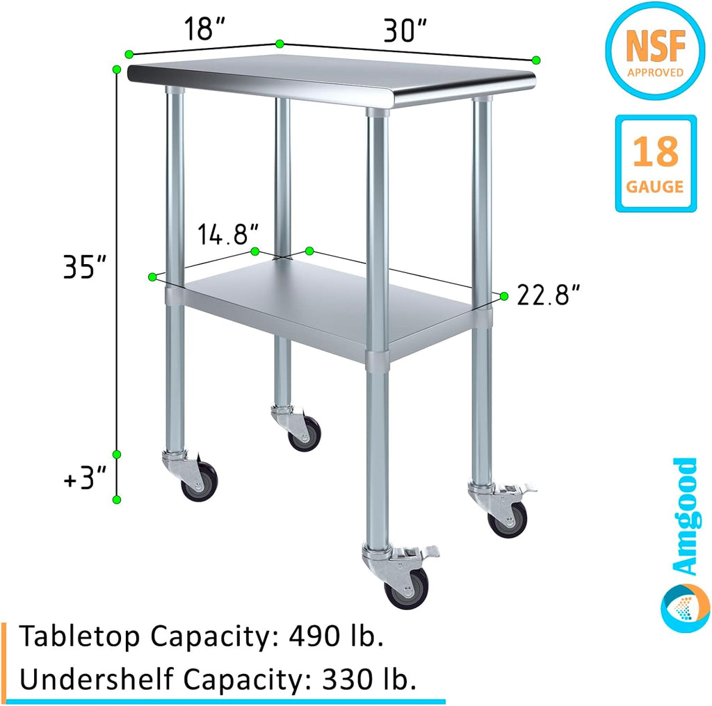 AmGood 18" Long x 30" Deep Stainless Steel Table with Casters