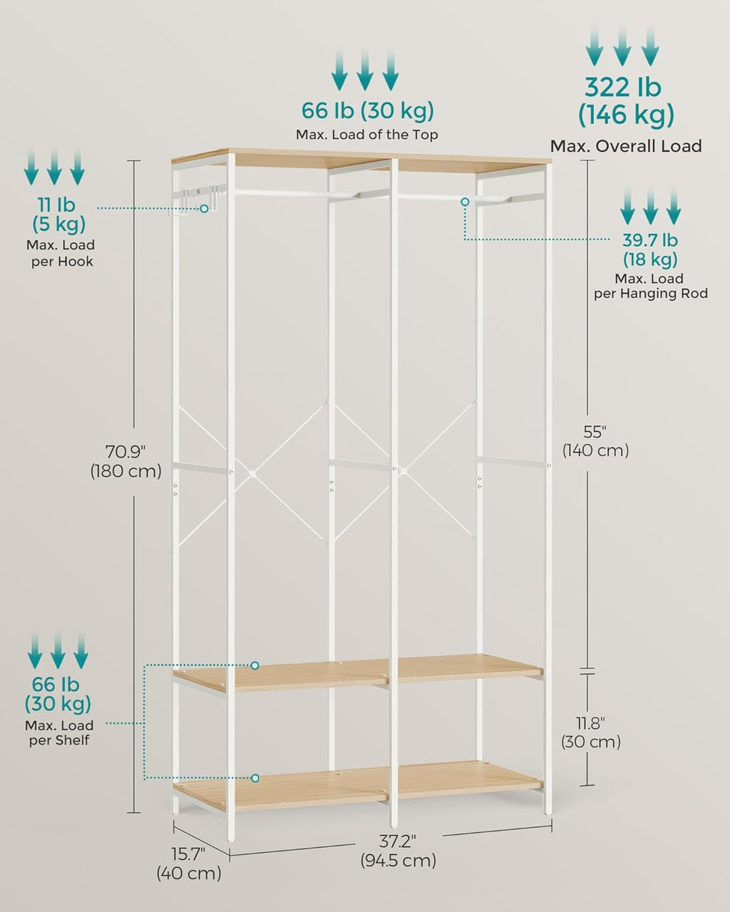 SONGMICS Clothes Rack, Iron and Wood Wardrobe Closet Organizer, Heavy Duty Garment Rack with Hanging Rods, Closet Shelves, Removable Hooks, 15.7 x 37.2 x 70.9 Inches, Natural Beige URGR004W67