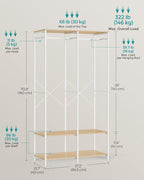 SONGMICS Clothes Rack, Iron and Wood Wardrobe Closet Organizer, Heavy Duty Garment Rack with Hanging Rods, Closet Shelves, Removable Hooks, 15.7 x 37.2 x 70.9 Inches, Natural Beige URGR004W67