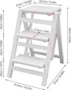 Step Stool for Adults Step Ladder Counter Chair, 3-Step Folding Portable Wooden Step Stool for Library Home Kitchen, 220 lbs White
