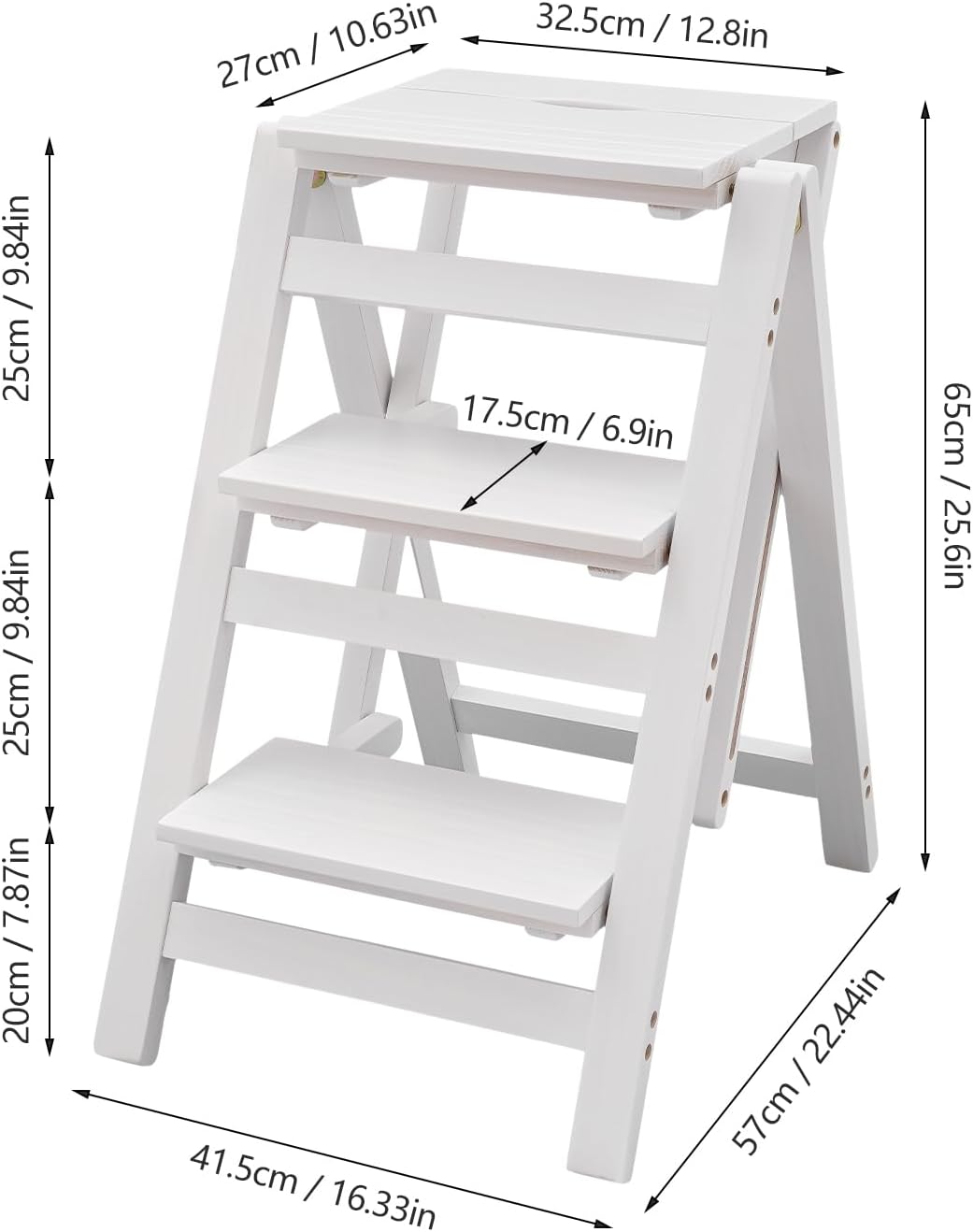 3 Step Ladder Folding Step Stool, Portable Wooden Closet Collapsible Step Stool Multi-Functional Kitchen Step Ladder for Adults, 220lbs Load Capacity, White