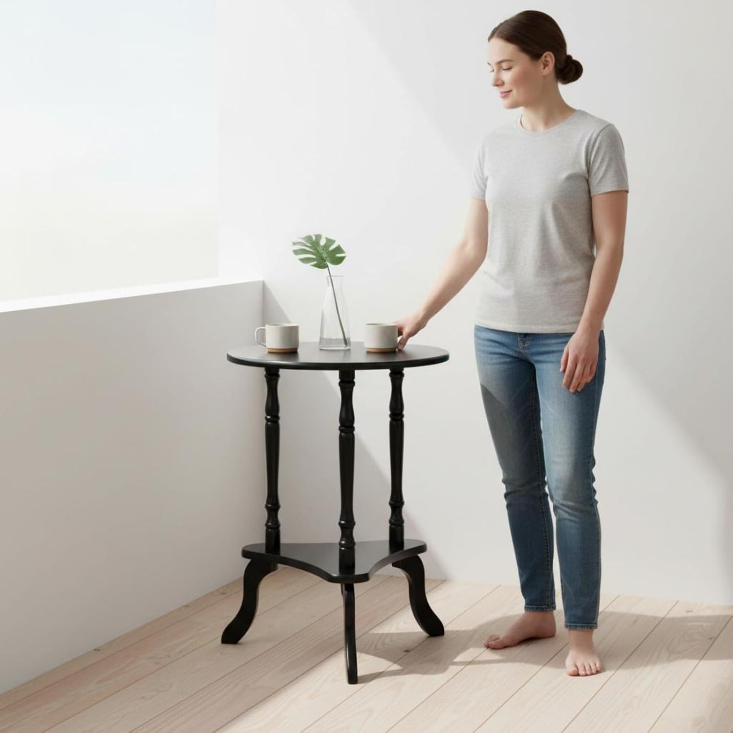 Fenteer Table Round Side Table End Telephone Table with Rubber Wood Frame and Lower Storage Shelf Baked Paint Finish for Easy Cleaning Suitable, White, 48-48-61cm