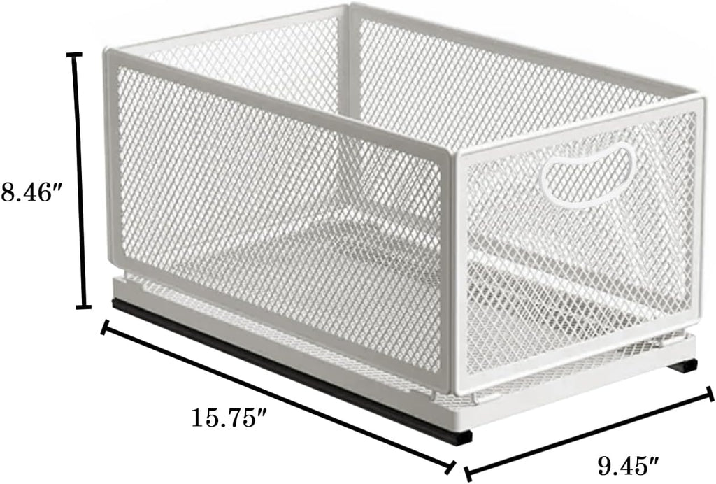 Sliding Cabinet Basket Organizer Drawer Self Adhesive Slide out Pantry Shelves Heavy Duty Carbon Steel Slide Cabinet Storage Basket with Handle for Bathroom Kitchen Home