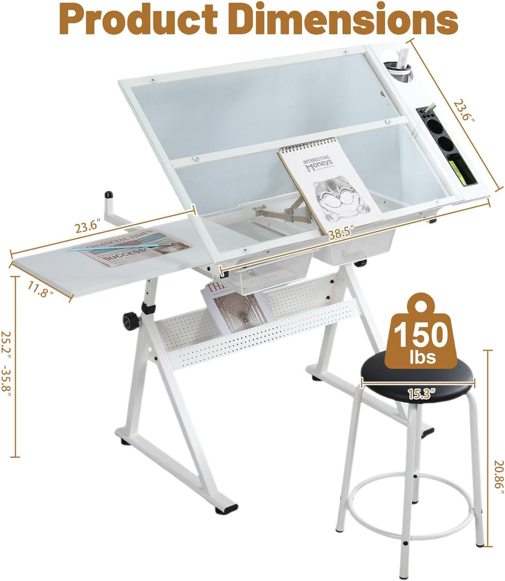 Drafting Table with Stool, Height Adjustable Art Desk with Tilting Tempered G...
