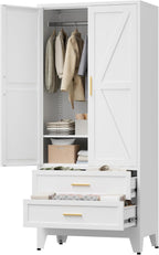 71" Tall Metal Wardrobe Cabinet with 2 Drawers and Hanging Rod, 2 Doors Armoire Wardrobe Closet with Shelf for Bedroom, Office, Laundry Room, White