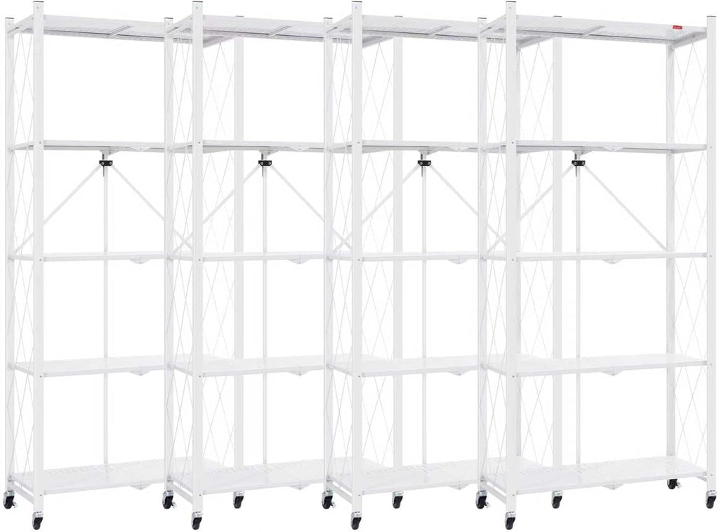 DEANIC 5 Tier Foldable Storage Shelves with Wheels, Large Capacity Shelving Unit, Freestanding Metal Wire Shelf Rack, No Assembly Organizer Rack for Garage Kitchen, Basement, Pantry(White Pack of 4)