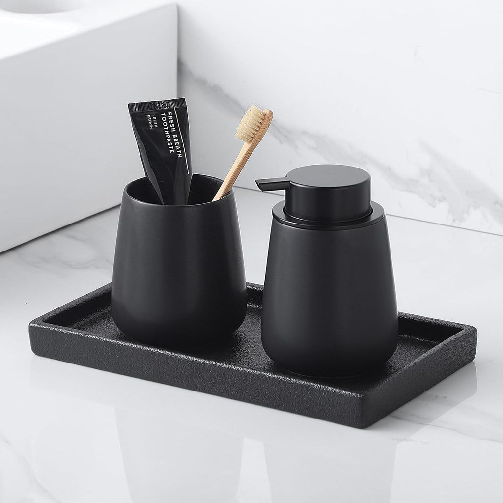 Bathroom Vanity Tray - 11'' Ceramic Rough-Textured Rectangle Countertop Tray, Heavy-Duty Perfume Organizer Plate, Jewelry Ring Tray, Kitchen Soap Dispenser Stone Trays, Black