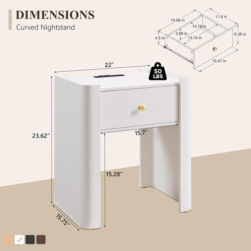 23.6" Tall Modern Nightstand Set of 2, 22" Wide Curved Bedside Table with Charging Station, Wooden Night Stand with 1 Storage Drawer, Large End Table for Bedroom, Living Room, White