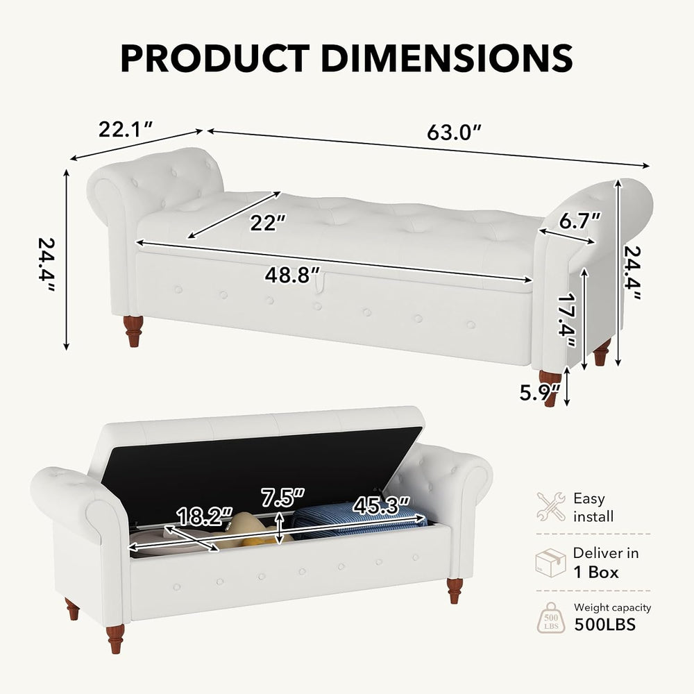 63" Wide Storage Bench, Polyester Upholstered End of Bed Bench with Pull...