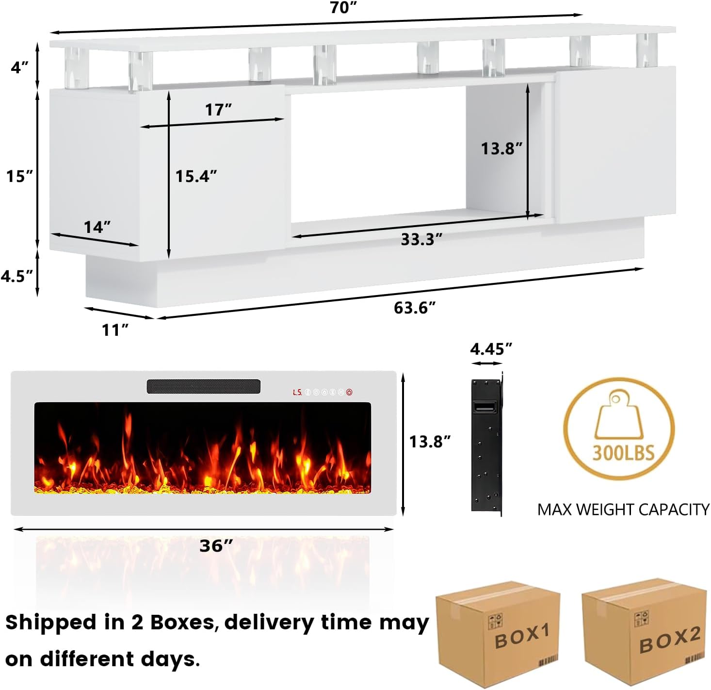 Fireplace TV Stand with White Fireplace, 70 Inch White Fire Place TV Stands for Living Room, Modern Electric Fireplace TV Stand with Cabinets & Acrylic Columns, Entertainment Center for TVs Up to 80"