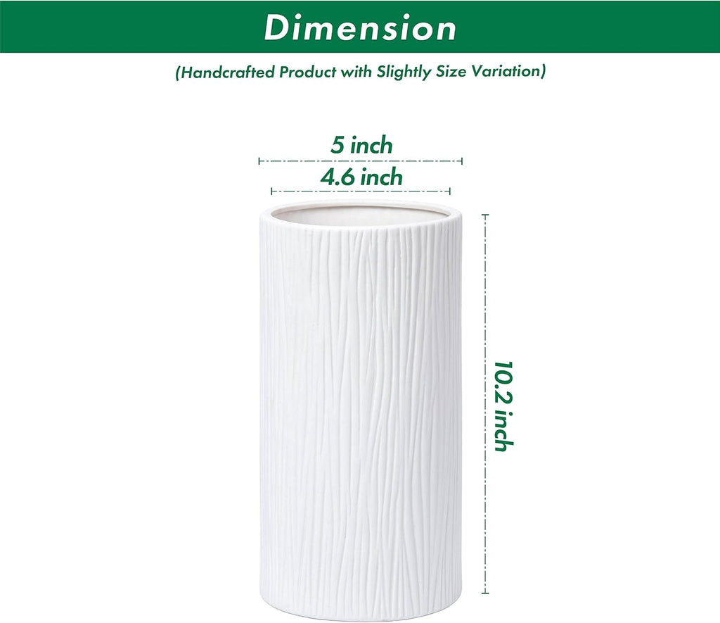 D'vine Dev 10 Inch Cylinder Vase, White Waterfall Textured Ceramic Flower Vase for Home Décor, VS-WF-B-2
