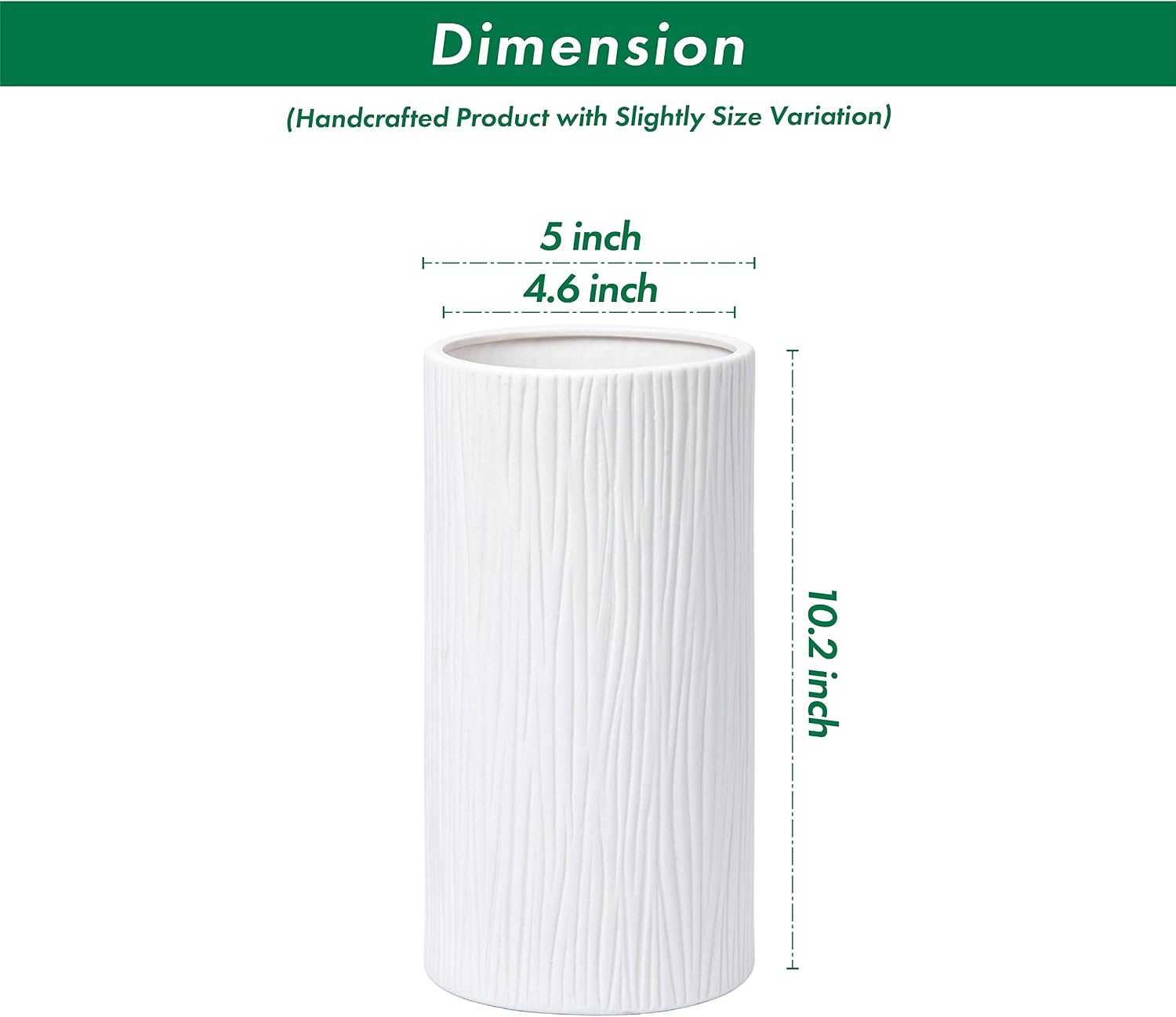 D'vine Dev 10 Inch Cylinder Vase, White Waterfall Textured Ceramic Flower Vase for Home Décor, VS-WF-B-2