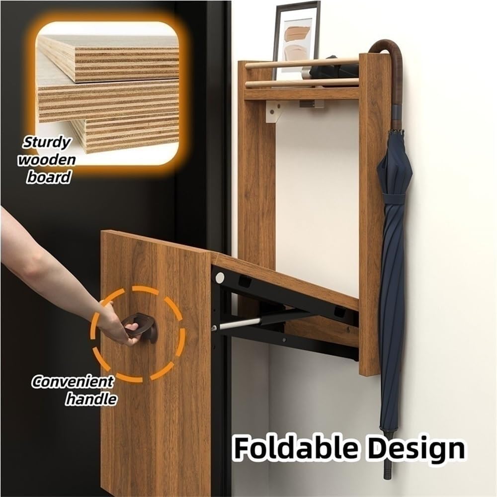 Wall Mounted Folding Chair, Hidden Shoe-Changing Stool, Wood Foldable Shoe Bench, Space Saving Bathroom Seating for Entryway, Hallway(Brown)