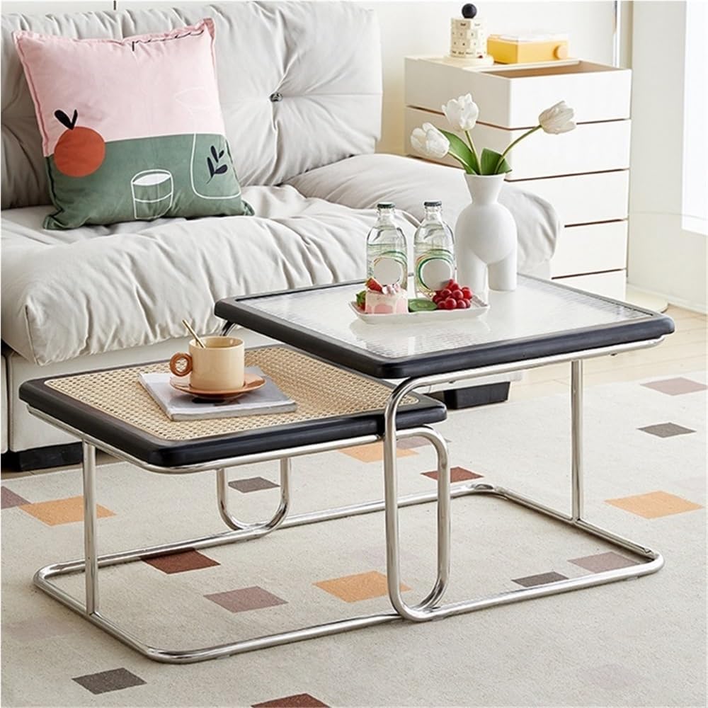 Square Nesting Coffee Table Set of 2, Modern Wooden Side Table, Stacking Smal...