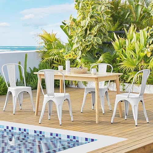 Yaheetech Metal Chairs Set of 4, Stackable Dining Chairs with Backs, White