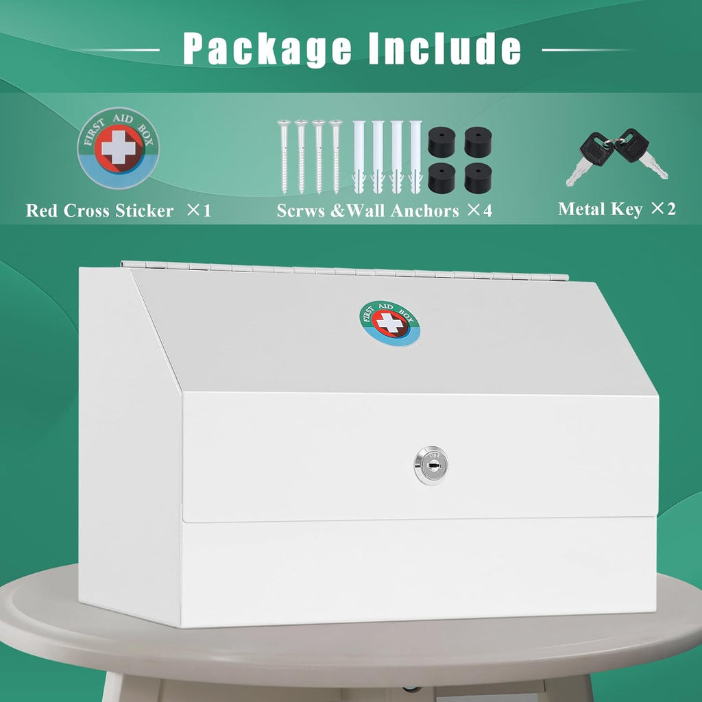 KYODOLED Wall Mount Medicine Lock Box, Drug Cabinet with Key, Large Capacity Secure Steel Prescription, First Aid Kit for Emergencies Home and School use, White, 12.2 * 5.9 * 7.87 inch
