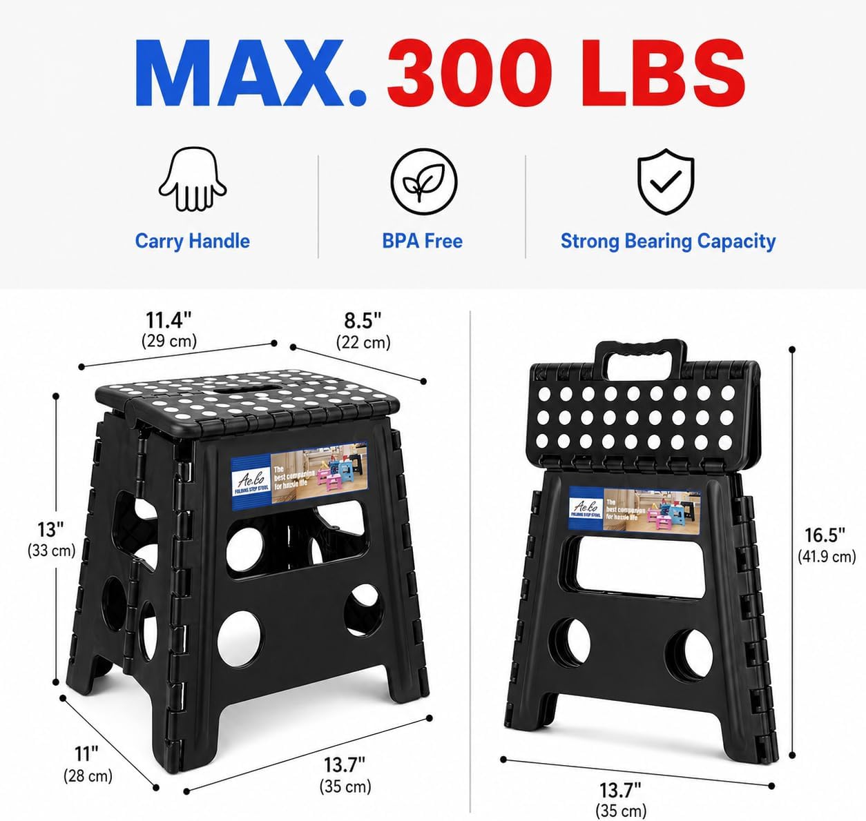 ACKO 13 Inch Folding Step Stool 3-Piece Set, 300 LB Capacity Plastic Foldable Stools with Handle, Non-Slip Bundle (Black & Black & Gray)