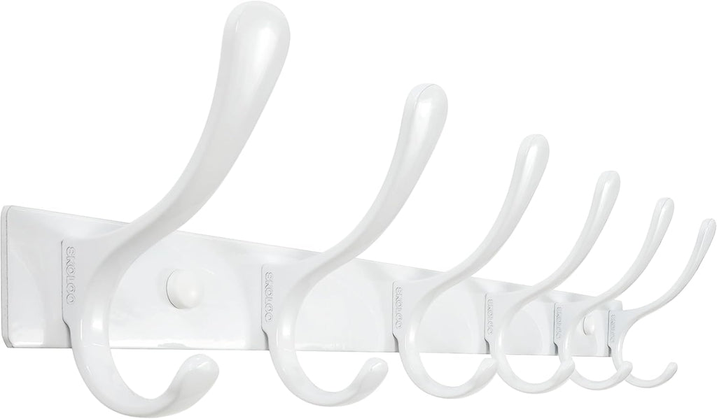 SKOLOO Heavy Duty Wall Mounted Coat Rack - 6 Hooks, Stainless Steel, Sturdy Coat Hooks for Hanging Clothes, Jacket, Hat, White