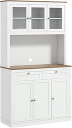 71" Tall Kitchen Pantry Storage Cabinet with Microwave Stand, Freestanding Buffet with Hutch 2 Drawers Adjustable Shelves and Glass Doors for Kitchen, Dining Room, White