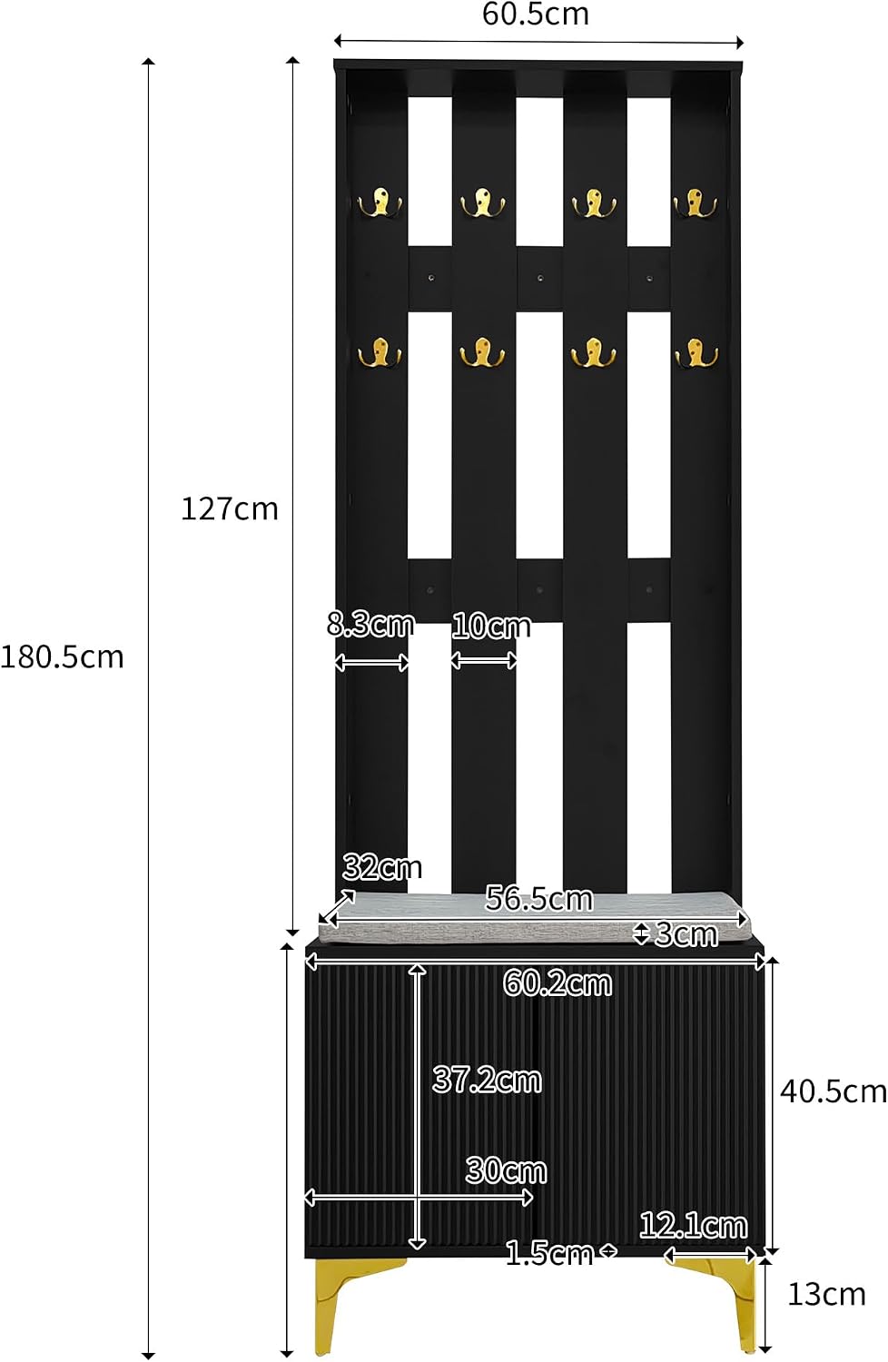 Stylish Multifunctional Entryway Wardrobe Set Black Shoe Bench with Hooks Pus...