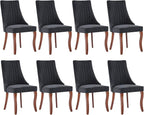 Linen Dining Chairs Set of 8，Fabric Channel Tufted Kitchen Chairs, Upholstered Accent Chairs with Curved Solid Wood Legs, Comfortable Dining Chair for Dining Room, (Black, 8pc)