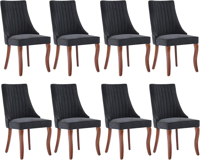 Linen Dining Chairs Set of 8，Fabric Channel Tufted Kitchen Chairs, Upholstered Accent Chairs with Curved Solid Wood Legs, Comfortable Dining Chair for Dining Room, (Black, 8pc)