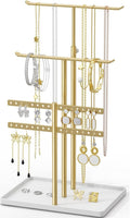 Jewelry Holder Organizer Stand - Adjustable Jewelry Tree 17.5" Height (Max), Jewlery Hanger for Necklaces, Bracelets, Earrings, Aesthetic for Storage and Display, Metal, Gold and White