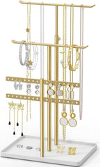 Jewelry Holder Organizer Stand - Adjustable Jewelry Tree 17.5" Height (Max), Jewlery Hanger for Necklaces, Bracelets, Earrings, Aesthetic for Storage and Display, Metal, Gold and White