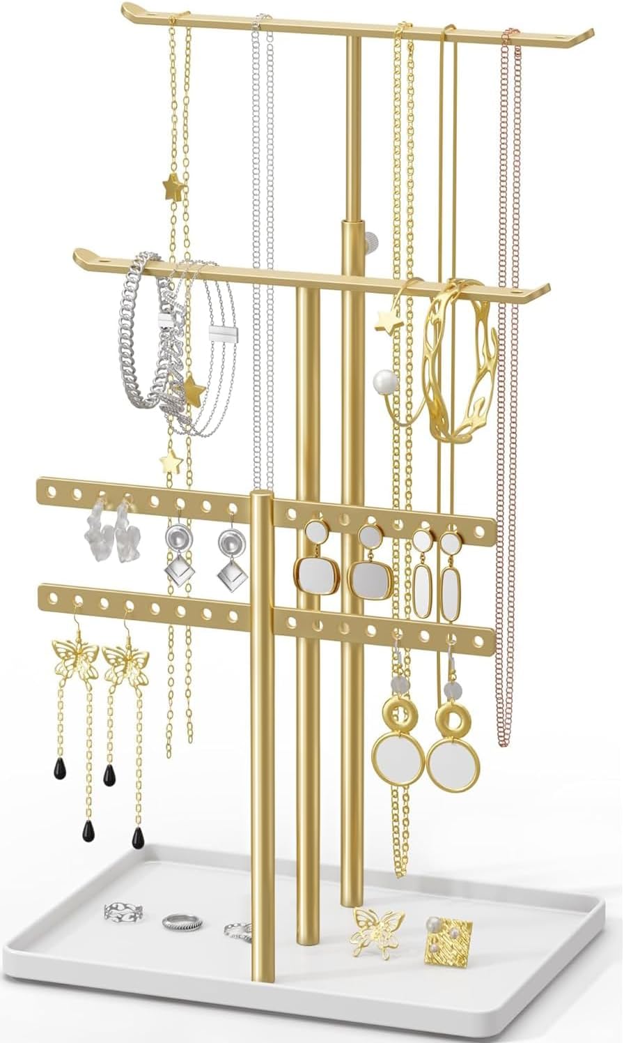 Jewelry Holder Organizer Stand - Adjustable Jewelry Tree 17.5" Height (Max), Jewlery Hanger for Necklaces, Bracelets, Earrings, Aesthetic for Storage and Display, Metal, Gold and White