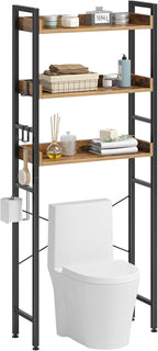 Rolanstar Over The Toilet Storage Rack, 3-Tier Bathroom Organizer Shelf Over Toilet with Adjustable Shelves and Basket Bathroom, Freestanding Space Saver, Rustic Brown