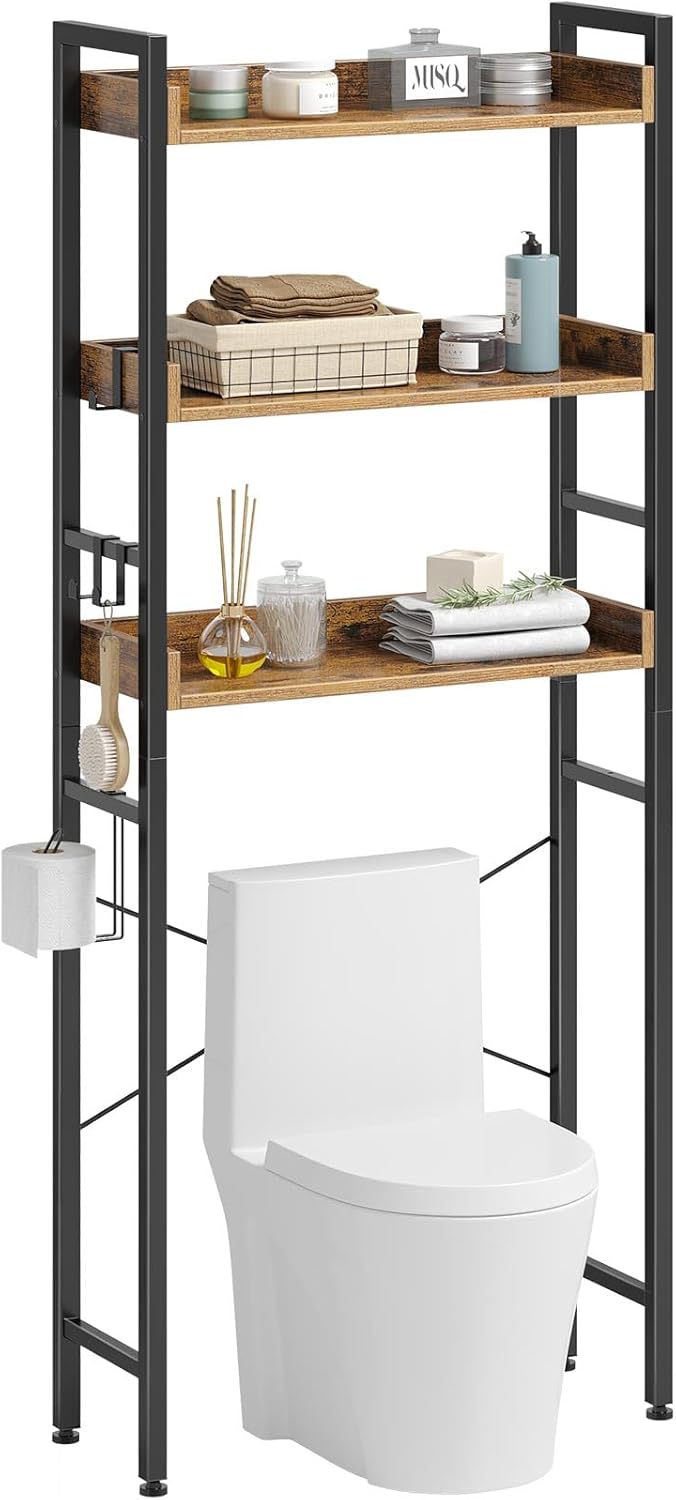Rolanstar Over The Toilet Storage Rack, 3-Tier Bathroom Organizer Shelf Over Toilet with Adjustable Shelves and Basket Bathroom, Freestanding Space Saver, Rustic Brown