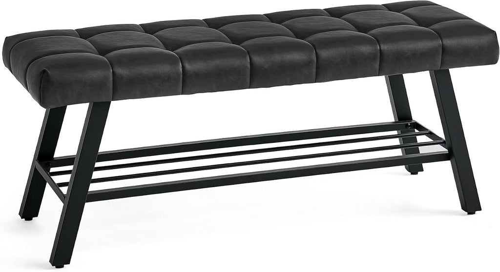 LUE BONA 45" Entryway Bench with Storage Shelf, End of Bed Bench with Tufted Faux Leather Seat, Bedroom Bench with Metal Frame, 330 LBS Capacity for Entryway, Living Room, Hallway, Black