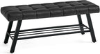 LUE BONA 45" Entryway Bench with Storage Shelf, End of Bed Bench with Tufted Faux Leather Seat, Bedroom Bench with Metal Frame, 330 LBS Capacity for Entryway, Living Room, Hallway, Black