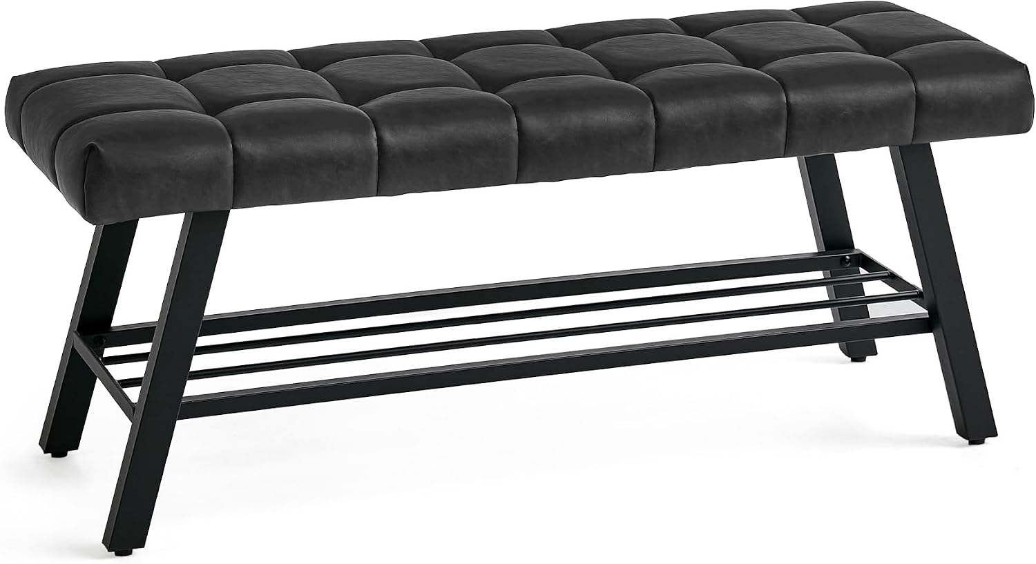 LUE BONA 45" Entryway Bench with Storage Shelf, End of Bed Bench with Tufted Faux Leather Seat, Bedroom Bench with Metal Frame, 330 LBS Capacity for Entryway, Living Room, Hallway, Black