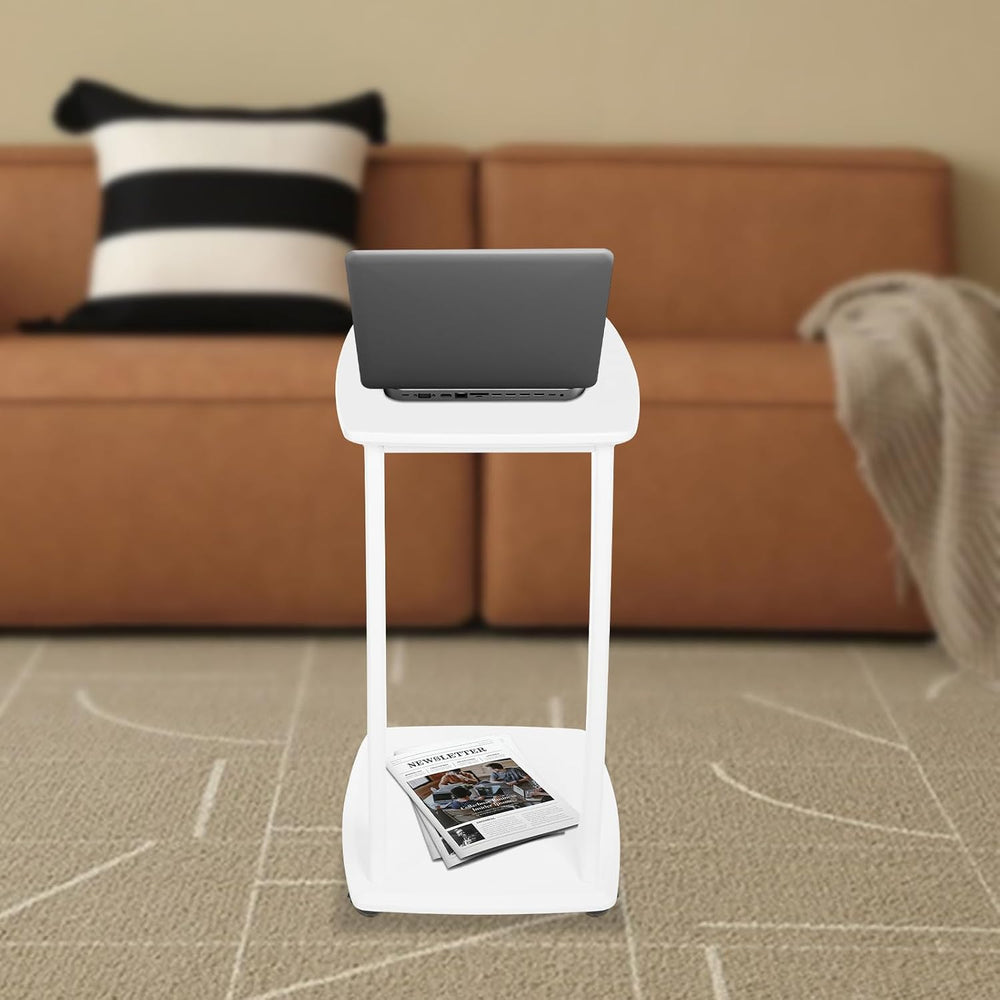 Solid Wood End Table, C-Shaped Side Table with Wheels, TV Tray Table, Couch T...