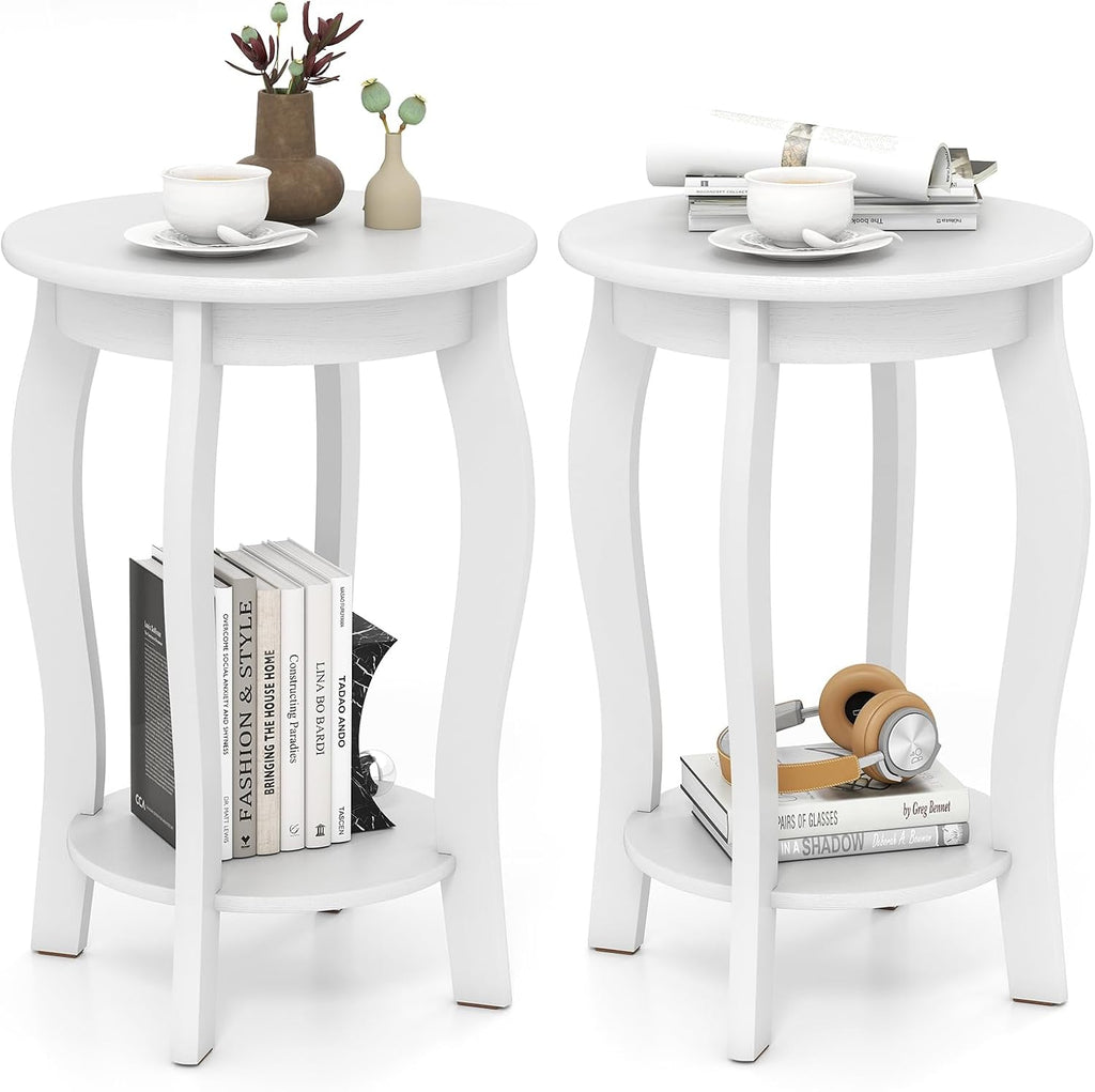 GOFLAME 2-Tier Round End Table Set of 2, Mid-Century Modern Sofa Side Table with Storage Shelf, Solid Wood Legs, Compact Accent Table, Nightstand for Living Room, Bedroom, Small Space, White