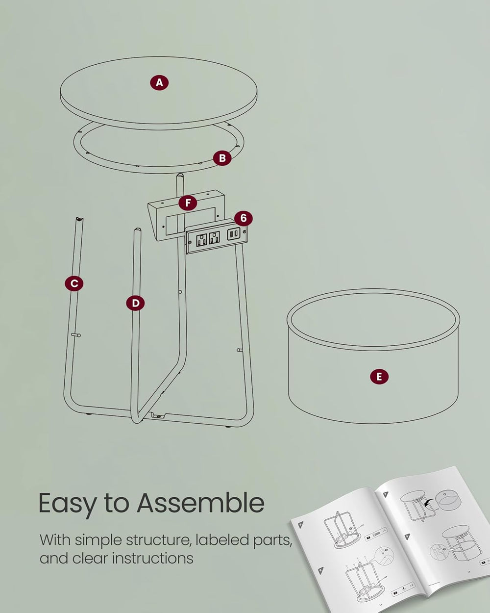 VASAGLE LILEA Collection - Side Table with Charging Station, Round End Table ...