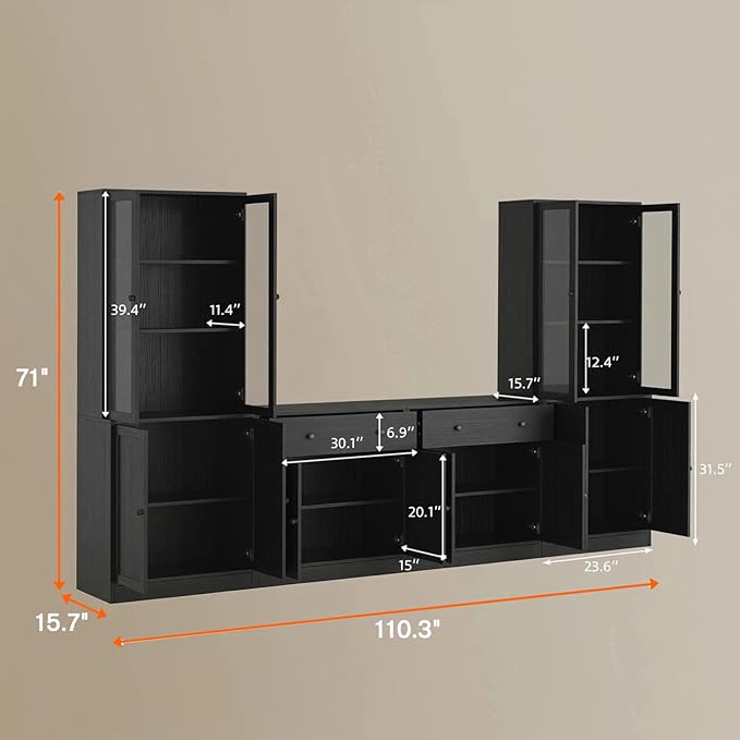 TUSY 71" TV Stand Storage Set - 2 Tall Bookcases & 2 Side Cabinets, Media Console with Glass & Wood Doors, Entertainment Center with Drawers, Tall Media Console for Living Room (Black, AEEA)