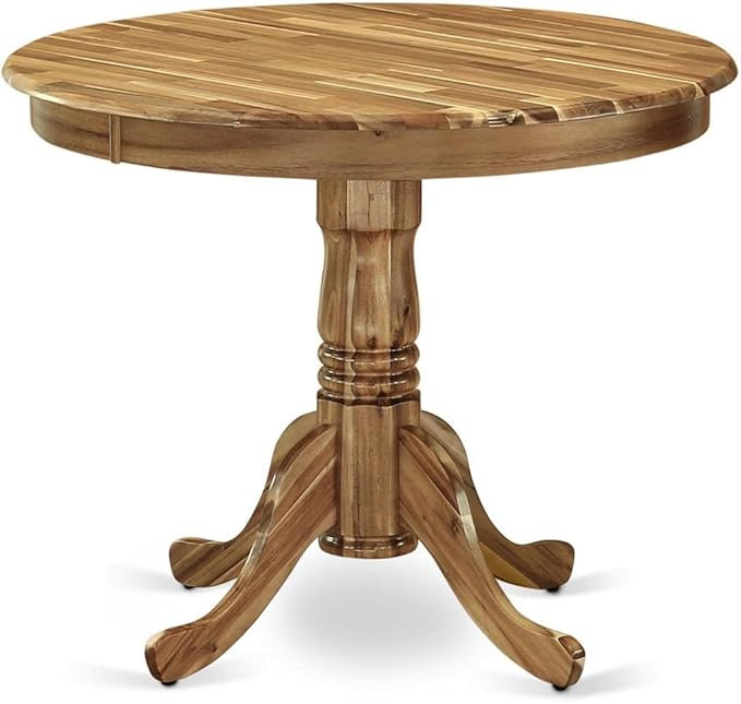 East West Furniture ANFL3-ANA-04 3 Piece Kitchen Table Set Contains a Round Dining Room Table with Pedestal and 2 Light Tan Linen Fabric Upholstered Chairs, 36x36 Inch, Natural