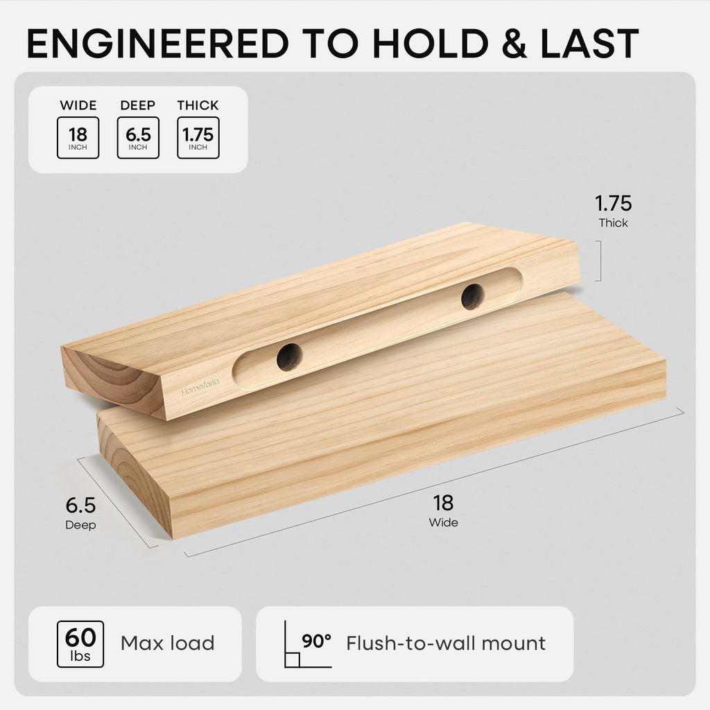 Homeforia 18 inch Natural Floating Shelf, High End Solid Real Wood 18inch Small Floating Shelves for Wall Mounted, Natural Wooden Floating Shelves, Heavy Duty Bracket, 18 X 6.5 X 1.75 in, Set of 3