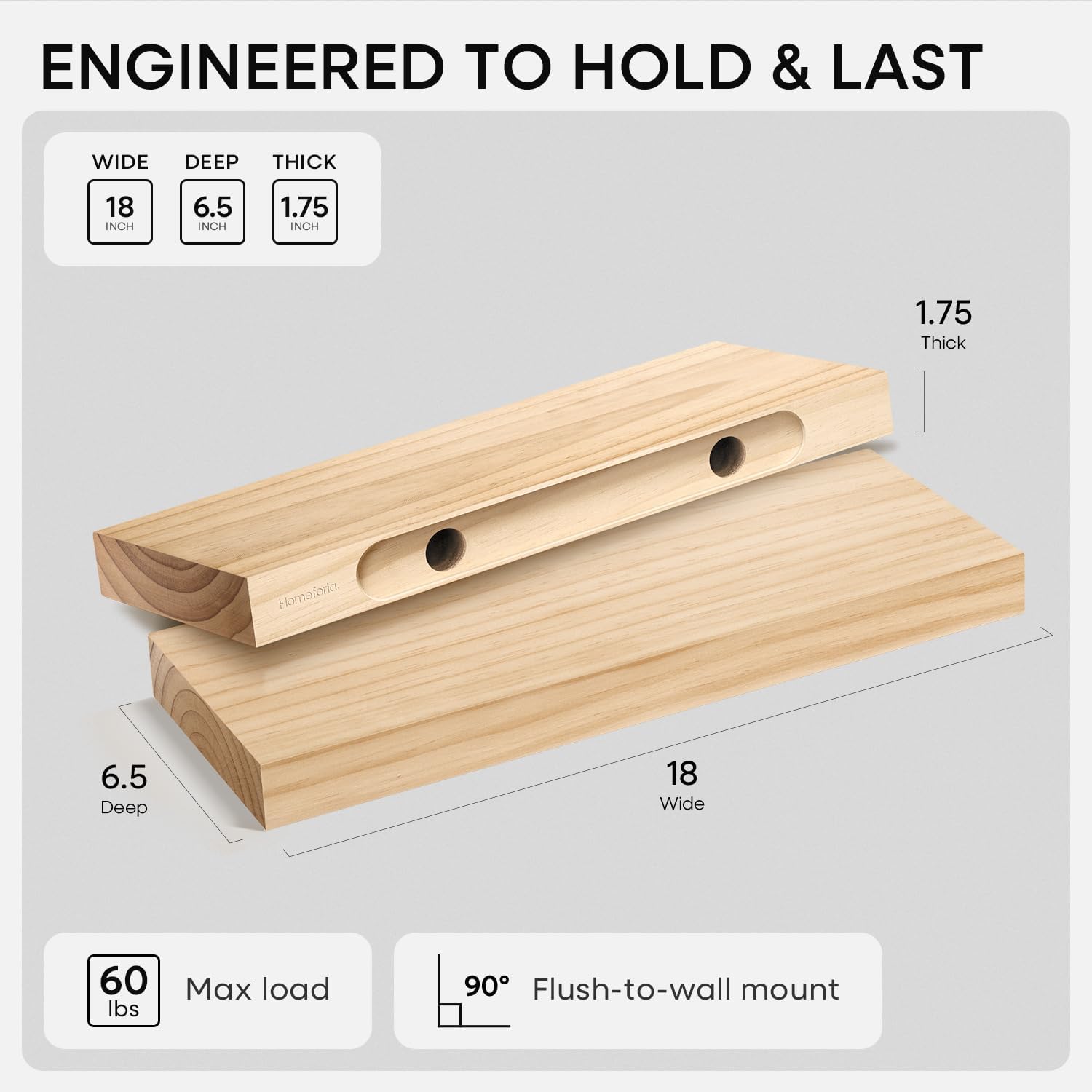 Homeforia 18 inch Natural Floating Shelf, High End Solid Real Wood 18inch Small Floating Shelves for Wall Mounted, Natural Wooden Floating Shelves, Heavy Duty Bracket, 18 X 6.5 X 1.75 in, Set of 4