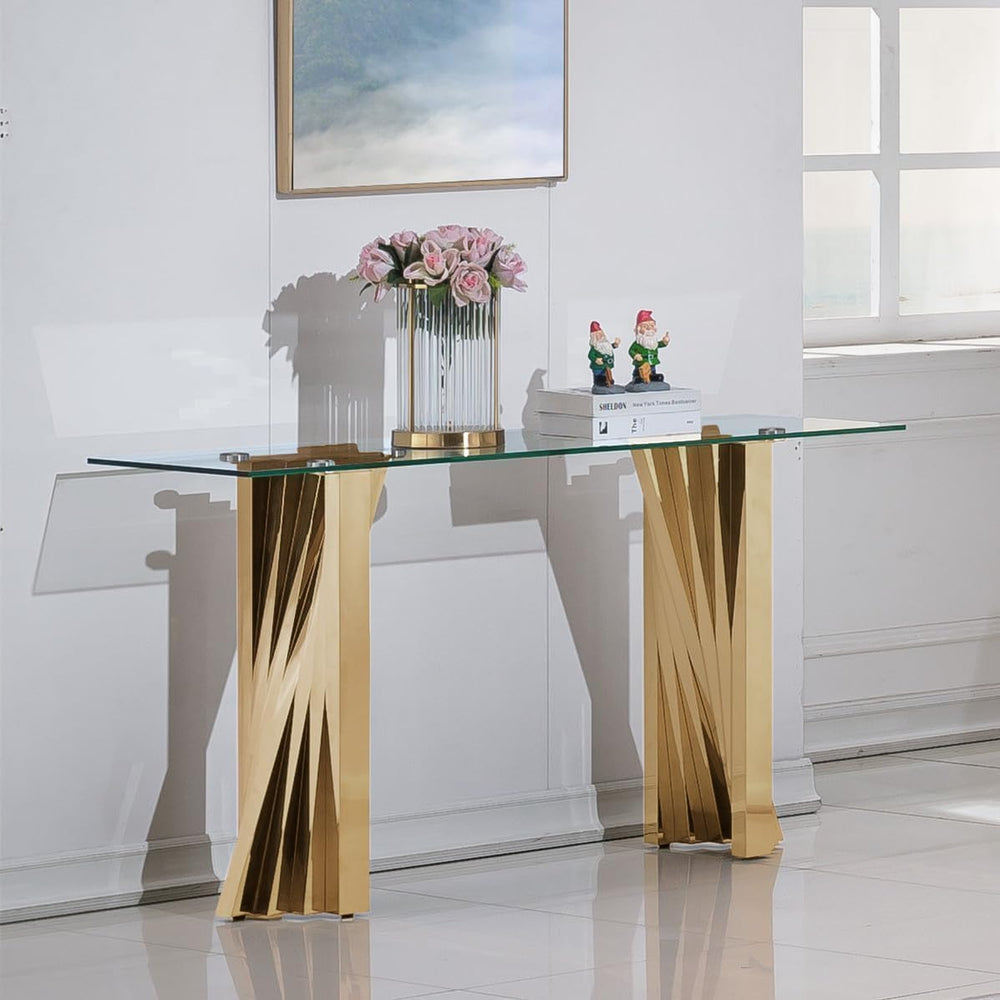 3 Piece Gold Living Room Table Set, Rectangular Modern Glass Coffee Table, Co...