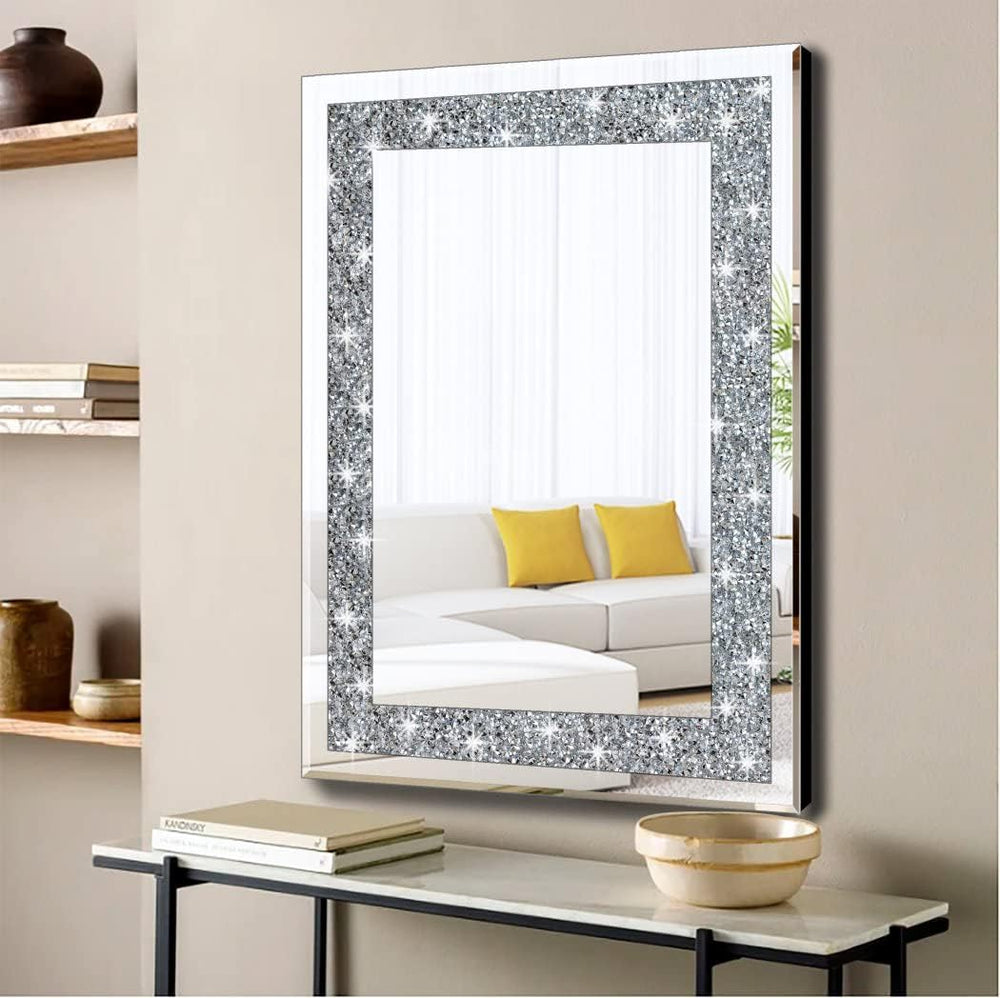QMDECOR Crystal Crush Diamond Rectangle Silver Mirror for Wall Decoration 24x...